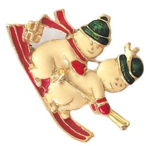 Vintage Snowmen Skiing Christmas Xmas Holiday Brooch Pin